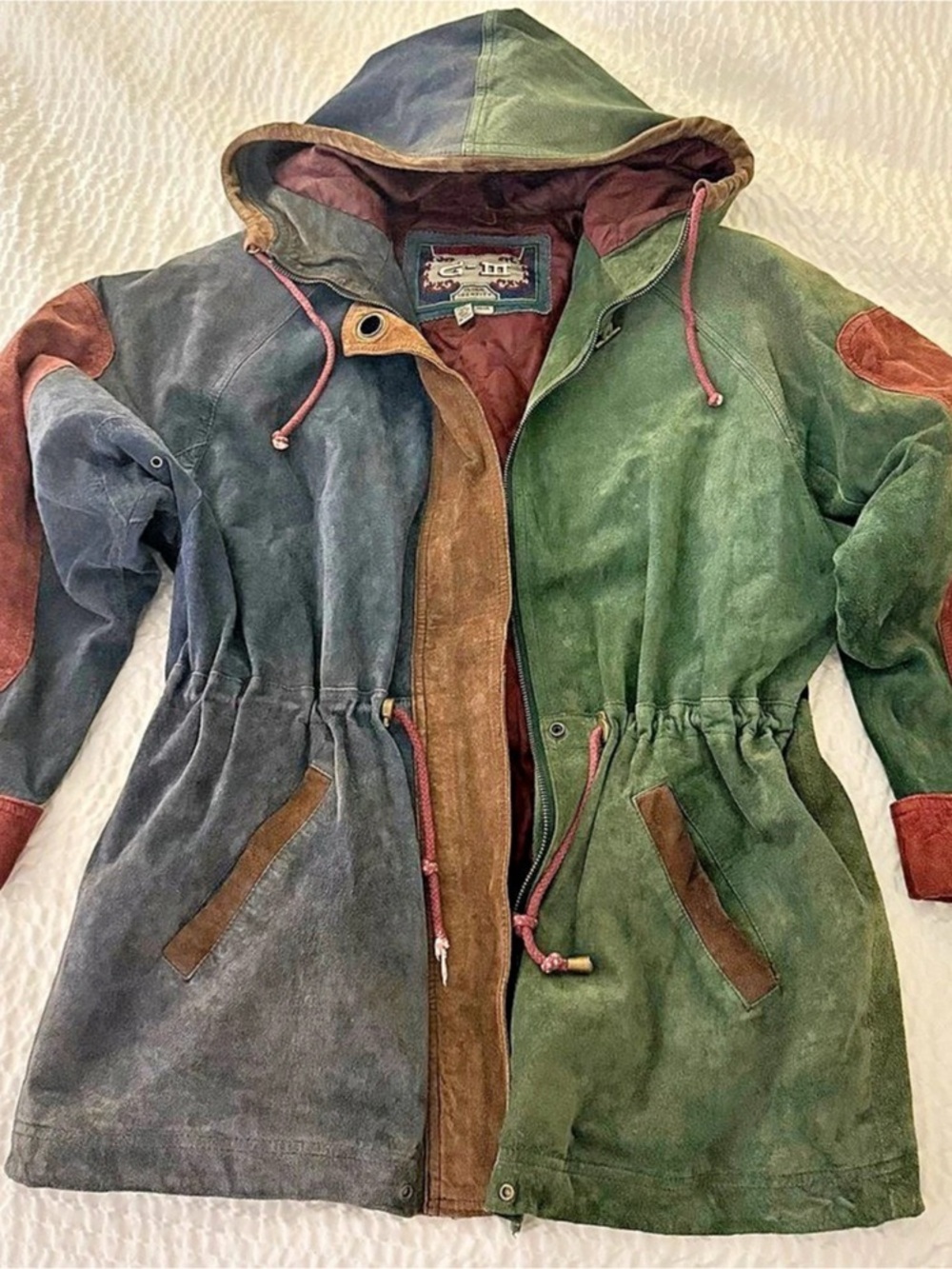 Vintage G-III Genuine Suede Leather Colorblock Hooded Coat M